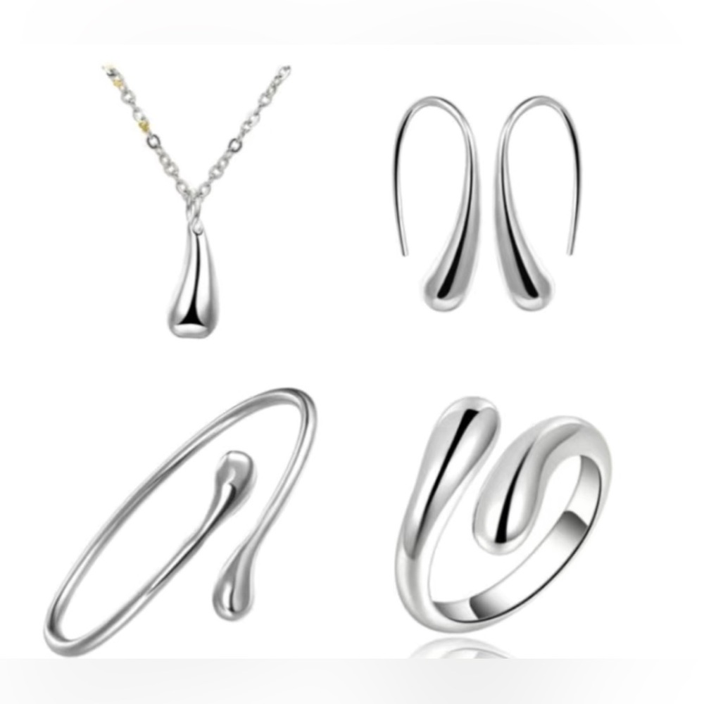 NWT Water Droplet Pendant Necklace Jewelry Set, Silver - Picture 3 of 7